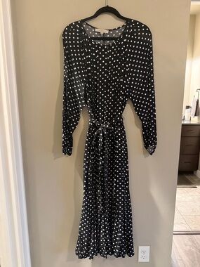 LOFT Black and White Polka Dot Long Sleeve Tie-Waist Midi Dress